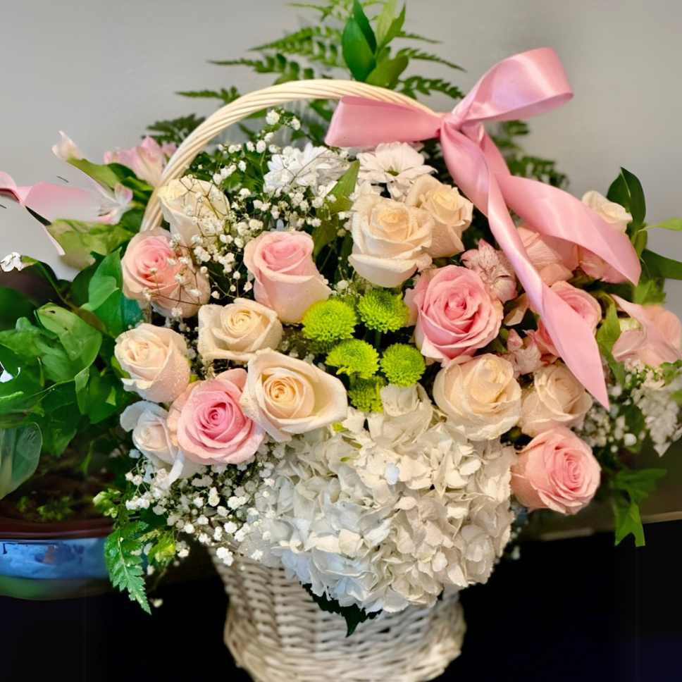 Blushing Elegance – Rose & Hydrangea Basket Oshawa