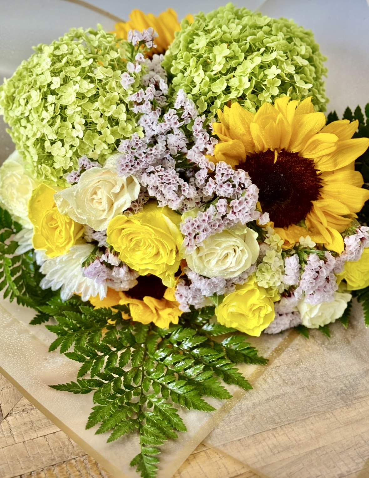 Sun Flowers With Green Hydrangeas