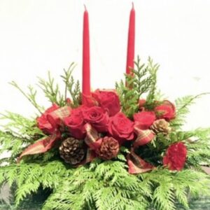 Red roses with 2 candles and cedar